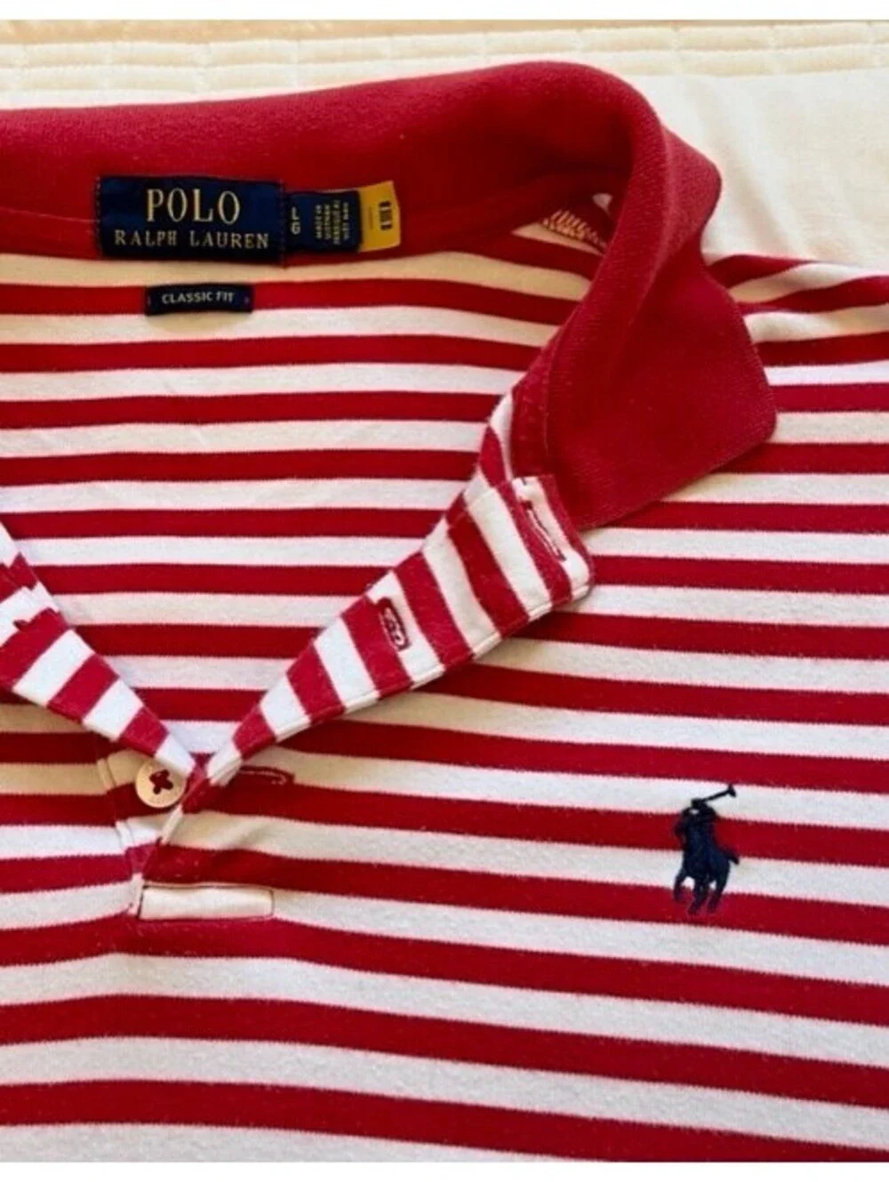 Polo Ralph Lauren Red & White Striped Short Sleeve Clsssic Fit Collared Shirt.